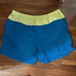 Vibrant Blue Women's Sandy River Shorts with Yellow Waistband